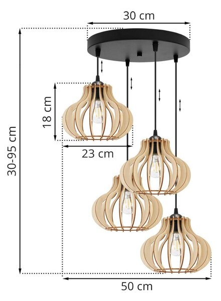 Závesné svietidlo Timber 3, 4x drevené tienidlo, o