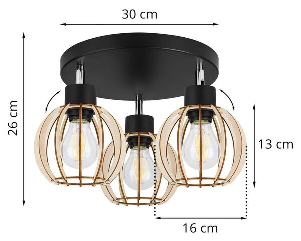 Stropné svietidlo Timber 8, 3x drevené tienidlo, op
