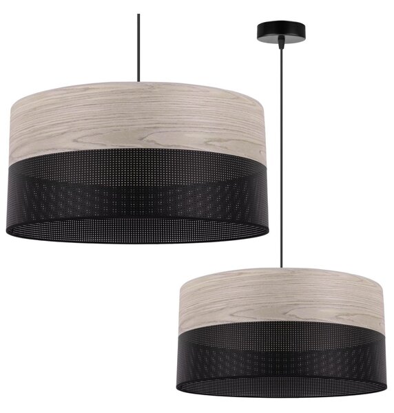 Závesné svietidlo Wood, 1x svetlobéžová dubová dýha/čierne PVC tienidlo, (fi 44cm)