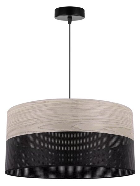 Závesné svietidlo Wood, 1x svetlobéžová dubová dýha/čierne PVC tienidlo, (fi 44cm)