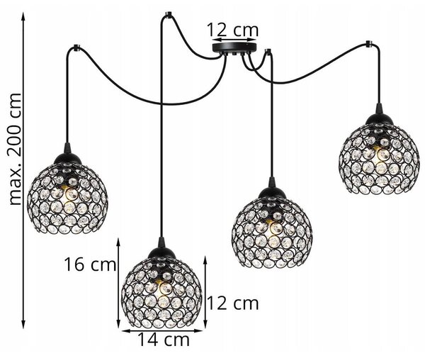 Závesné svietidlo Crystal Spider, 4x čierne krištáľové tienidlo