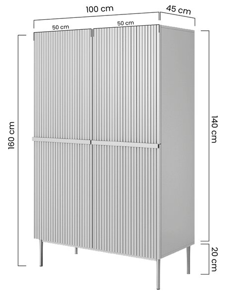 Vysoká komoda Nicole 100 cm s dvoma dverami a ryhovaným čelom - biely mat / zlaté nohy