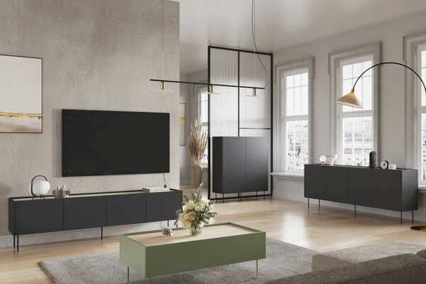 TV stolík Desin 220 cm s kovovými nohami - čierny mat / dub nagano