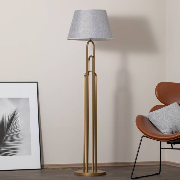 Stojacia lampa Lazar, sivá/zlatá antická, výška 164 cm, textil/kov