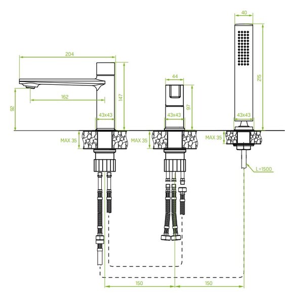 Laveo Tores, 3-otvorová vaňová batéria, chrómová, LAV-BVT_013D