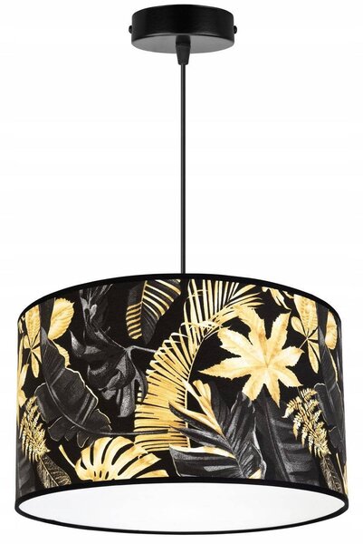 Závesné svietidlo Gold Flowers, 1x čierne textilné tienidlo s kvetinovým vzorom, (fi 35cm)