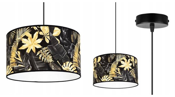 Závesné svietidlo Gold Flowers, 1x čierne textilné tienidlo s kvetinovým vzorom, (fi 35cm)