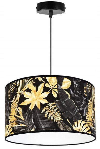 Závesné svietidlo Gold Flowers, 1x čierne textilné tienidlo s kvetinovým vzorom, (fi 35cm)