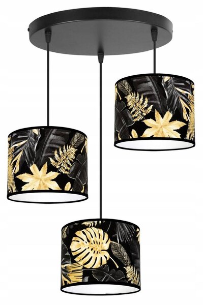 Závesné svietidlo Gold Flowers, 3x čierne textilné tienidlo s kvetinovým vzorom, o