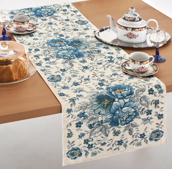 Gobelínový behúň na stôl Modré kvety Chenille IT112 Farba Modrá Rozmery 40x130 cm