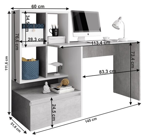 Písací stôl Nereo - betón / biely mat
