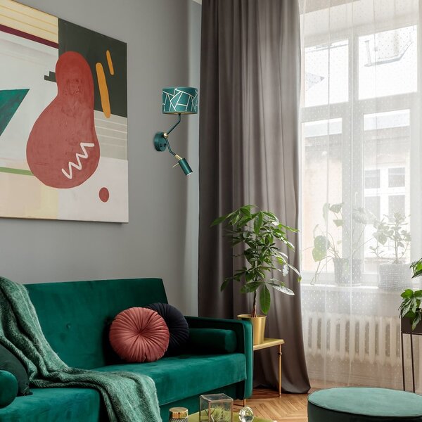 Nástenné svietidlo Ziggy, 1x zelené/zlaté textilné tienidlo + 1x zelené kovové tienidlo, gr/g, vypínač