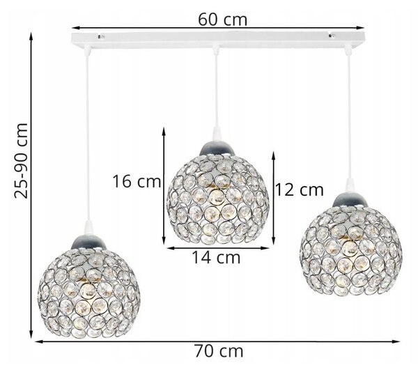 Závesné svietidlo Crystal, 3x strieborné krištáľové tienidlo, (chrómové uchytenie), w
