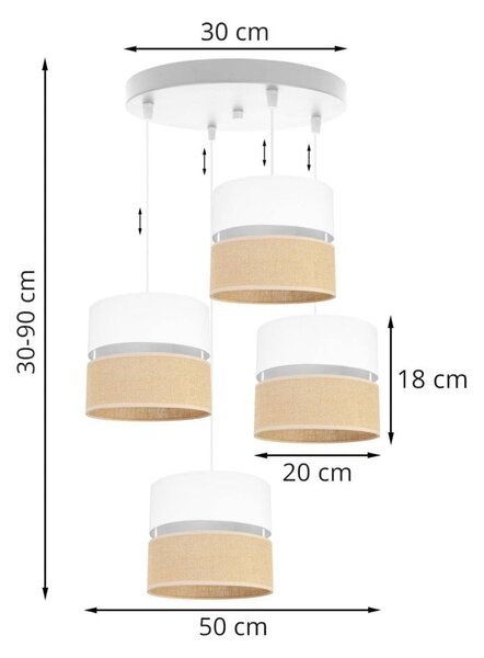 Závesné svietidlo Juta, 4x jutové/biele textilné tienidlo, o, w