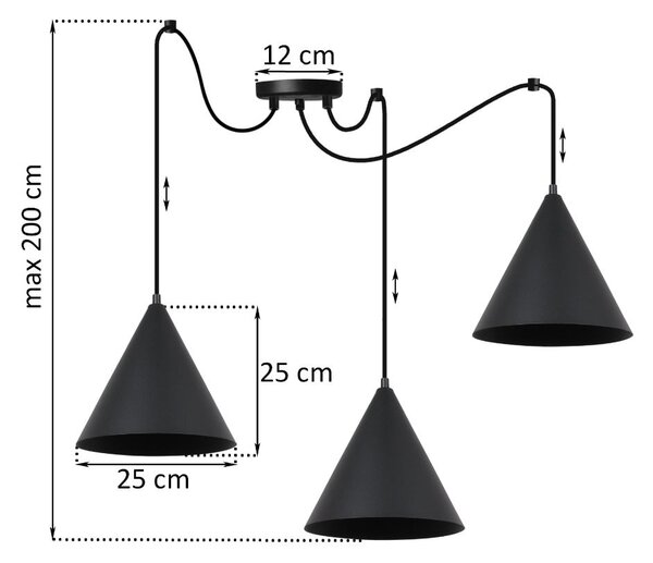 Závesné svietidlo Soho Spider, 3x čierne kovové tienidlo, (fi 25cm)