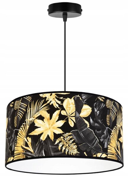 Závesné svietidlo Gold Flowers, 1x čierne textilné tienidlo s kvetinovým vzorom, (fi 40cm)