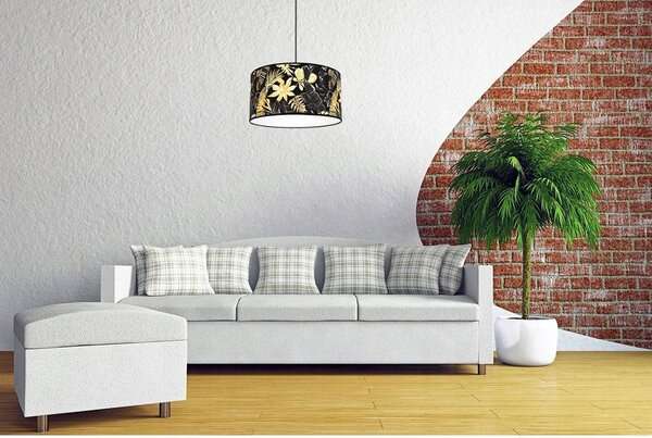 Závesné svietidlo Gold Flowers, 1x čierne textilné tienidlo s kvetinovým vzorom, (fi 40cm)