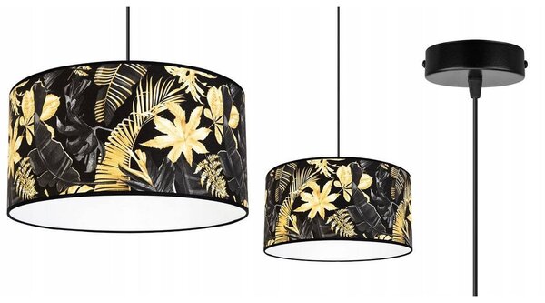 Závesné svietidlo Gold Flowers, 1x čierne textilné tienidlo s kvetinovým vzorom, (fi 40cm)