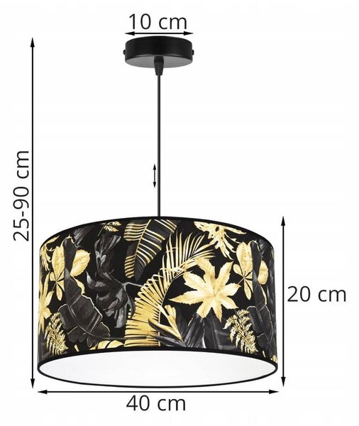 Závesné svietidlo Gold Flowers, 1x čierne textilné tienidlo s kvetinovým vzorom, (fi 40cm)