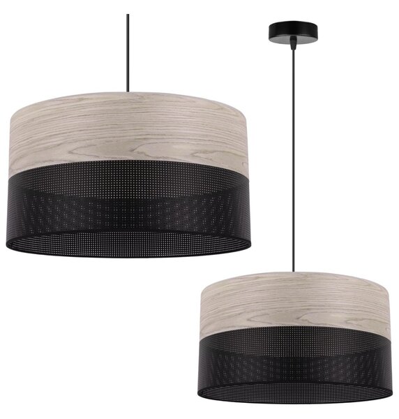Závesné svietidlo Wood, 1x svetlobéžová dubová dýha/čierne PVC tienidlo, (fi 40cm)