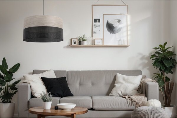 Závesné svietidlo Wood, 1x svetlobéžová dubová dýha/čierne PVC tienidlo, (fi 40cm)