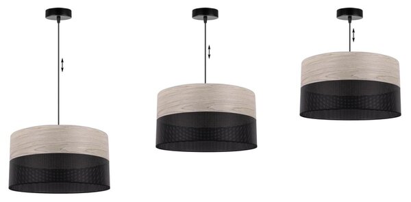 Závesné svietidlo Wood, 1x svetlobéžová dubová dýha/čierne PVC tienidlo, (fi 40cm)
