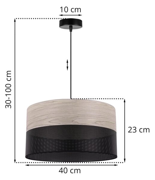 Závesné svietidlo Wood, 1x svetlobéžová dubová dýha/čierne PVC tienidlo, (fi 40cm)
