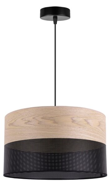 Závesné svietidlo Wood, 1x béžová dubová dýha/čierne PVC tienidlo, (fi 35cm)