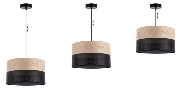 Závesné svietidlo Wood, 1x béžová dubová dýha/čierne PVC tienidlo, (fi 35cm)