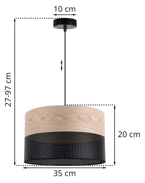 Závesné svietidlo Wood, 1x béžová dubová dýha/čierne PVC tienidlo, (fi 35cm)