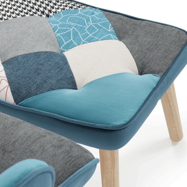 AK-305B PWBL2, Relaxačné kreslo ušiak s taburetom, viacfarebná patchwork modrá látka
