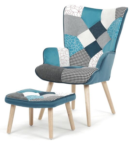 AK-305B PWBL2, Relaxačné kreslo ušiak s taburetom, viacfarebná patchwork modrá látka