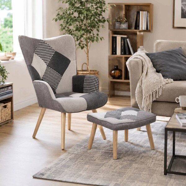 AK-305B PWBK2, Relaxačné kreslo ušiak s taburetom, viacfarebná patchwork látka