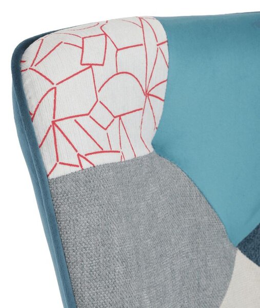 AK-305B PWBL2, Relaxačné kreslo ušiak s taburetom, viacfarebná patchwork modrá látka