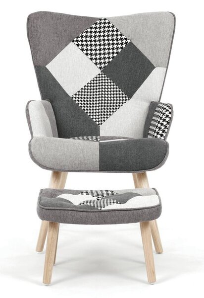 AK-305B PWBK2, Relaxačné kreslo ušiak s taburetom, viacfarebná patchwork látka