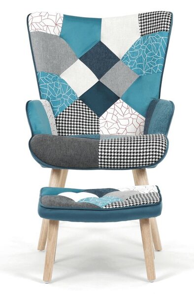 AK-305B PWBL2, Relaxačné kreslo ušiak s taburetom, viacfarebná patchwork modrá látka