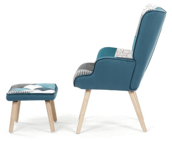 AK-305B PWBL2, Relaxačné kreslo ušiak s taburetom, viacfarebná patchwork modrá látka