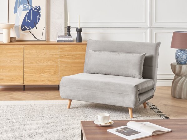 Rozkladacia pohovka svetlosivá zamatové čalúnenie drevené nohy 1-miestna bez opierok s vankúšom moderný škandinávsky štýl obývačka
