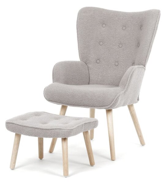 AK-319 GREY2, Relaxačné kreslo, ušiak, s taburetom, sivá bouclé látka