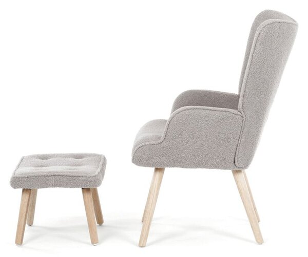 AK-319 GREY2, Relaxačné kreslo, ušiak, s taburetom, sivá bouclé látka