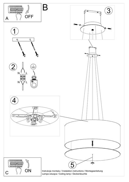 Závesné svietidlo Otto, 1x čierne textilné tienidlo, (biele sklo), (fi 70 cm)