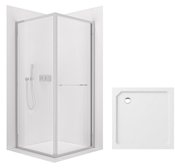 CERANO - Sprchovací kút Versaro L/P - 6 mm - chróm, transparentné sklo - 80x80 cm - zasúvacia + sprchová vanička Arvo - minerálny kompozit - biela