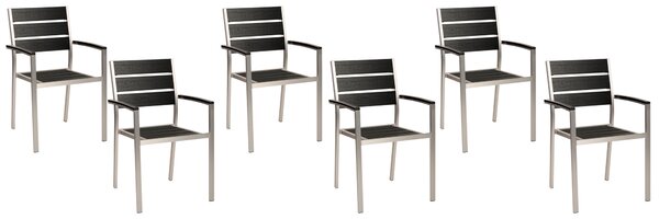 Sada 6 jedálenských záhradných stoličiek čierne plastové drevo lamelové operadlo hliníkový rám sada vonkajších stoličiek