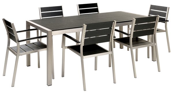 Záhradná jedálenská súprava čierna vonkajší obdĺžnikový stôl stoličky pre 6 osôb plastové drevo hliníkový rám