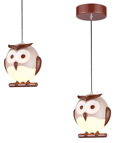 Detské závesné svietidlo Owl, 1x hnedé plastové tienidlo, br