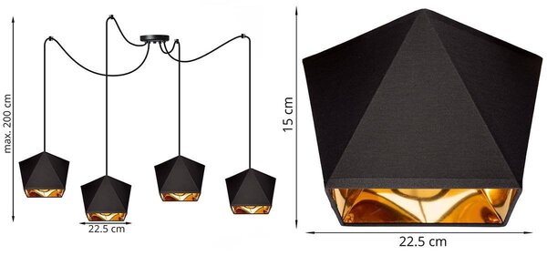 Závesné svietidlo Diamond Gold Spider, 4x čierne/zlaté textilné tienidlo
