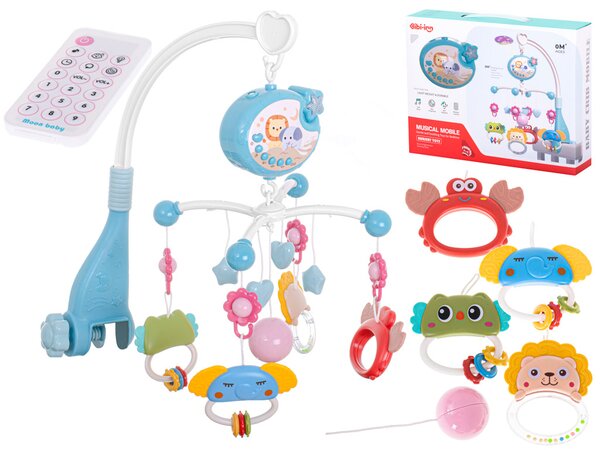 KIK Lullaby Star Design kolotoč nad postieľku s projektorom hviezd a diaľkovým ovládaním, modrý