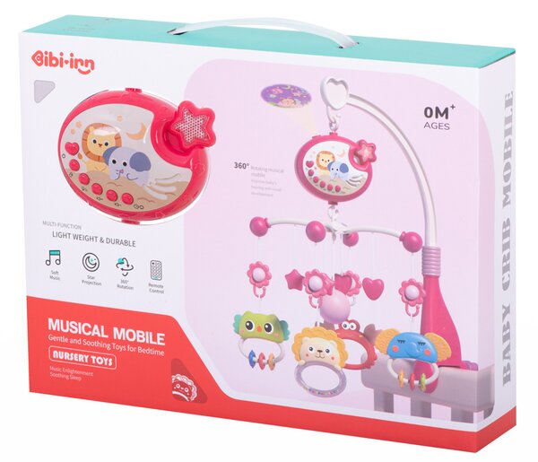 KIK Lullaby Star Design Pink kolotoč do postieľky s projektorom hviezd a diaľkovým ovládaním, ružový