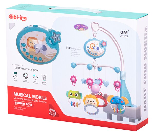 KIK Lullaby Star Design kolotoč nad postieľku s projektorom hviezd a diaľkovým ovládaním, modrý
