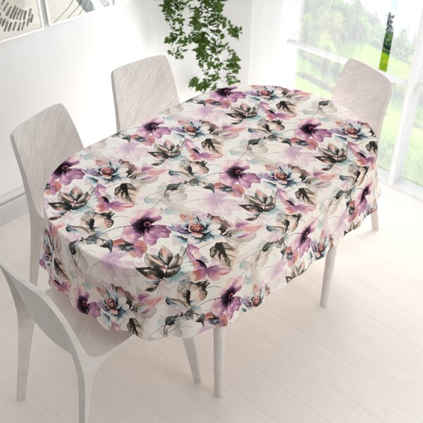 Biante Zamatový oválny obrus Tamara TMR-050 Abstraktné fialové kvety na smotanovom 50x100 cm